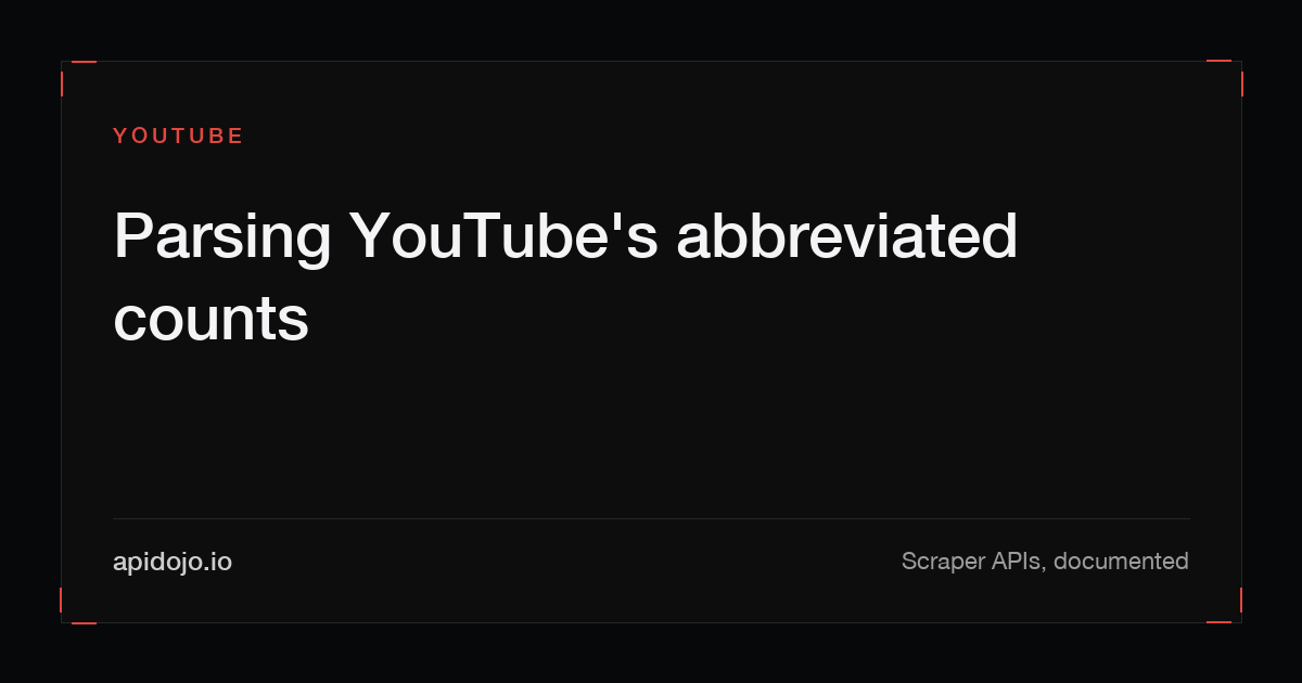 Cover card reading "Parsing YouTube's abbreviated counts without losing data"